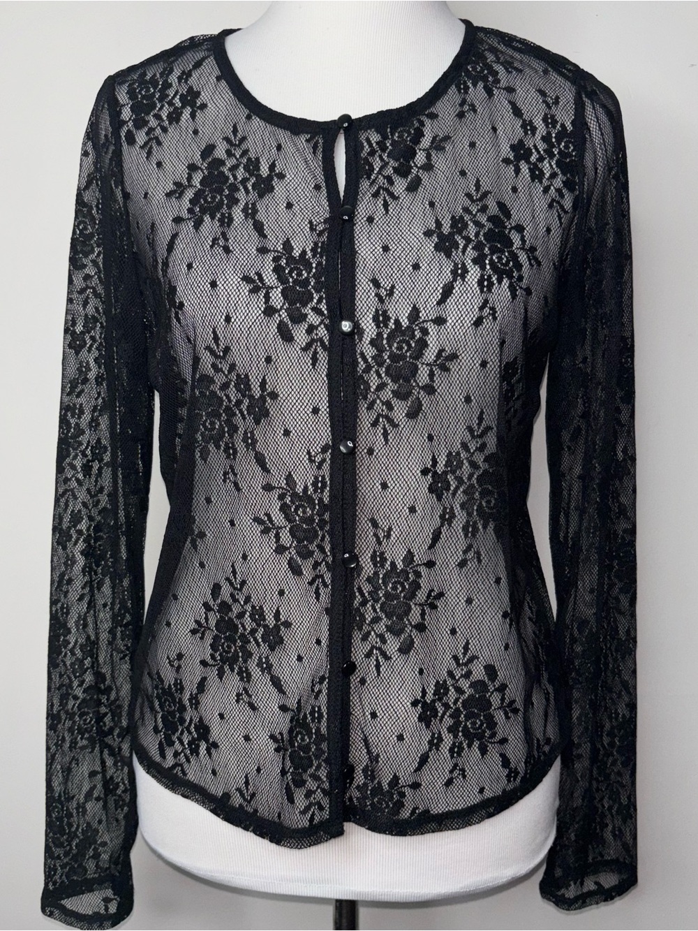 Bailey 44 Sheer Black Lace Button Cardigan Blouse Floral Long Sleeves M 95% Poly